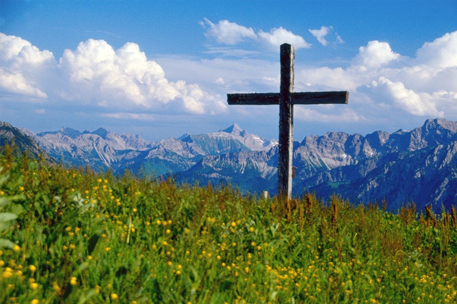 Kreuz in einer wunderschönen Blumenwiese mit Bergblick
